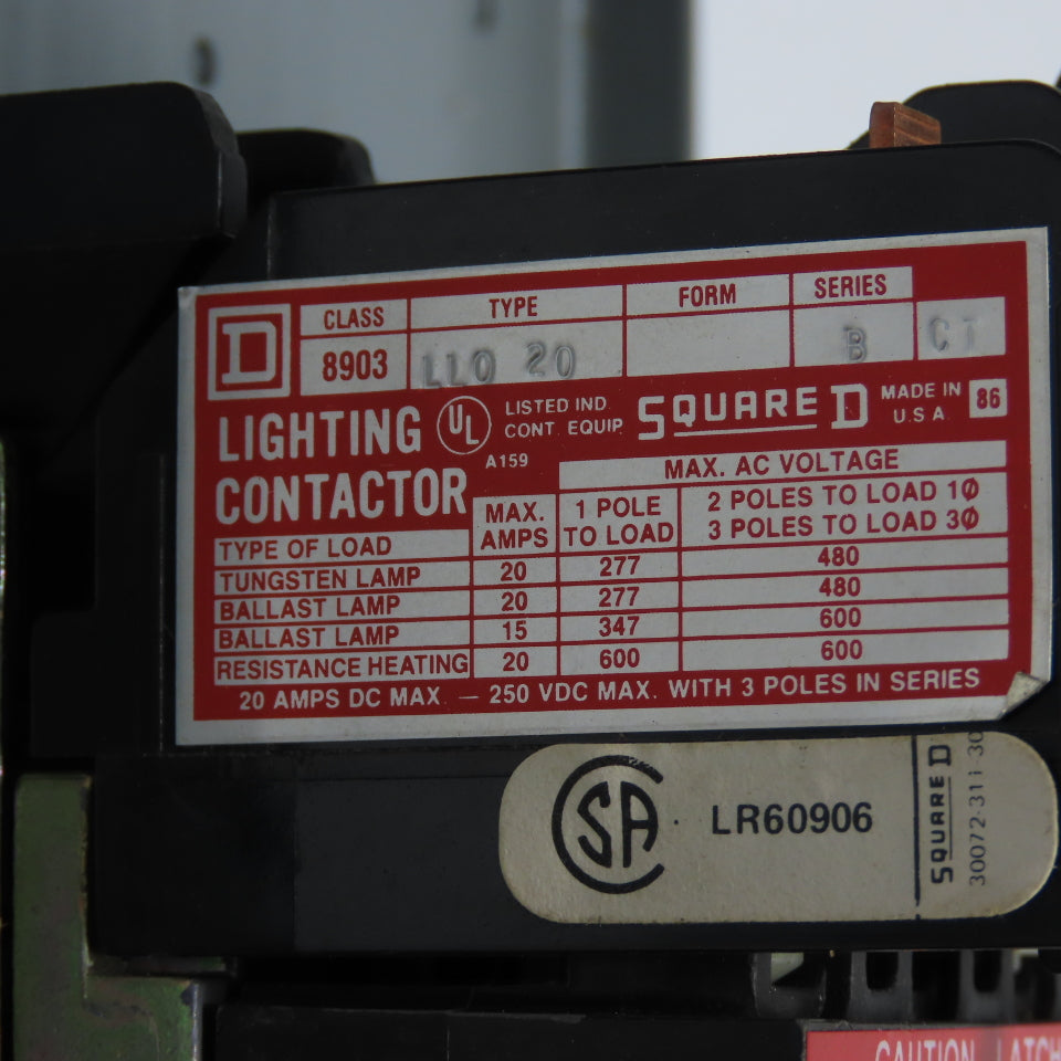 Square D 8903 LLG 20 Ser B Enclosed Lighting Contactor 600V 250VDC 120V Coil