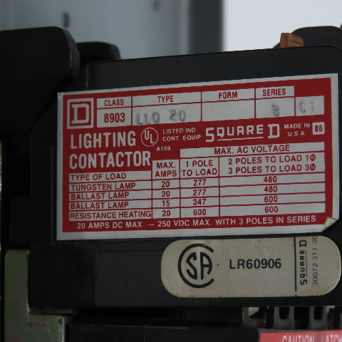 Square D 8903 LLG 20 Ser B Enclosed Lighting Contactor 600V 250VDC 120V Coil