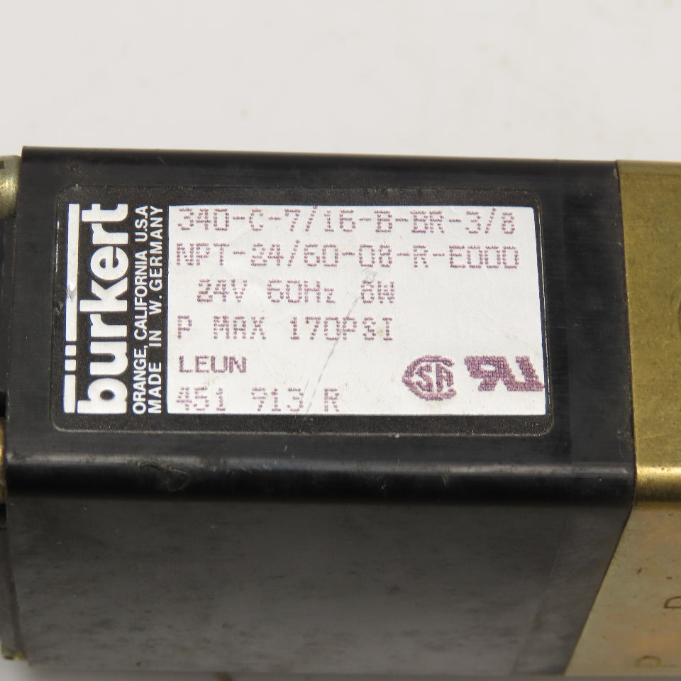 Burkert 340-C-7/16-B 3 Way Solenoid Valve 3/8", 3/4" Ports 24V 60Hz Coil