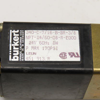 Burkert 340-C-7/16-B 3 Way Solenoid Valve 3/8", 3/4" Ports 24V 60Hz Coil