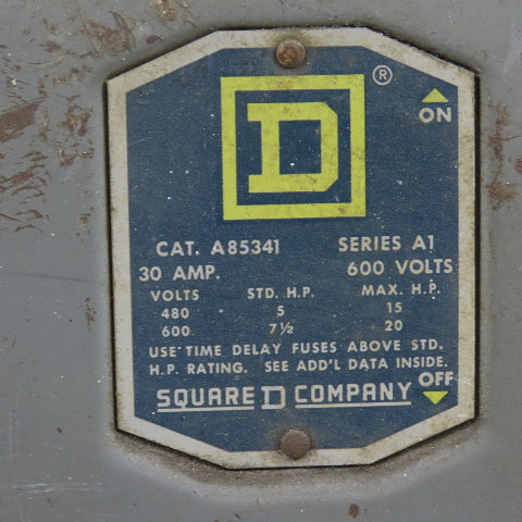 Square D A85341 Series A1 30A Fusible Safety Disconnect Switch 600V 3-Pole 20HP