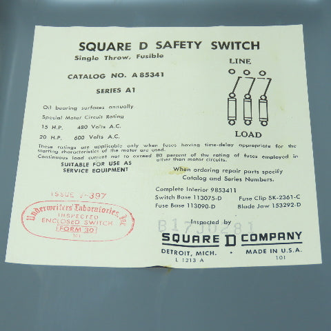Square D A85341 Series A1 30A Fusible Safety Disconnect Switch 600V 3-Pole 20HP