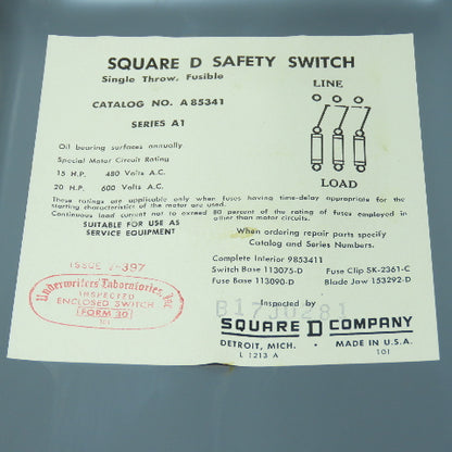 Square D A85341 Series A1 30A Fusible Safety Disconnect Switch 600V 3-Pole 20HP