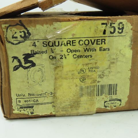 Hubbell 4" Square Covers Baised 3/4" -Open With Ears On 2-3/4" Centers Lot Of 25