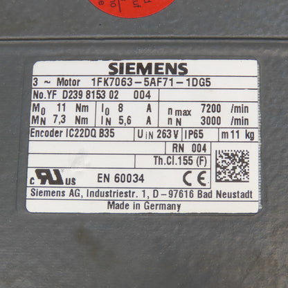 Siemens 1FK7063-5AF71-1DG5 263V 3Ph Servo Motor W/ Neugart PLFN 11 8:1 Gear Head