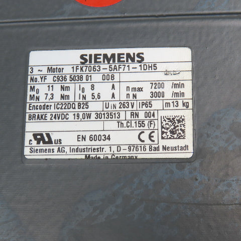 Siemens 1FK7063-5AF71-1DH5 263V 3Ph Servo Motor W/ Wittenstine 7:1 Gear Head