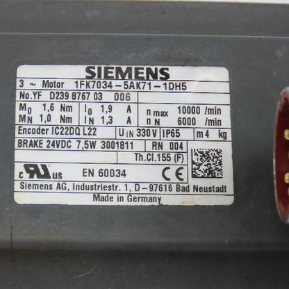 Siemens 1FK7034-5AK71-1DH5 330V 3Ph Servo Motor 10,000 RPM With Brake