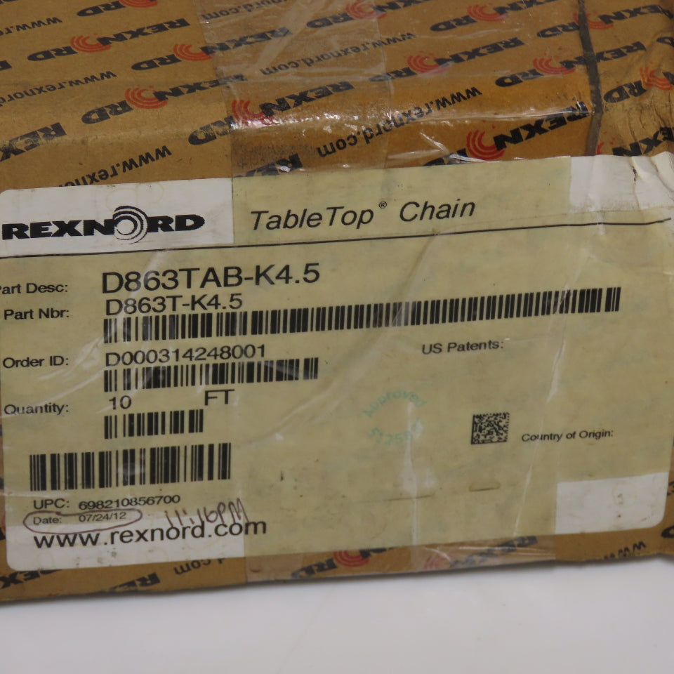 Rexnord D863T-K4.5 4-1/2" Wide Table Top Conveyor Chain 10' Long D863TAB-K4.5