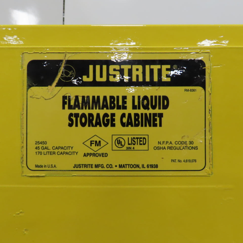 Justrite 25450 45 Gallon Cap Flammable Liquid Storage Cabinet Yellow (No Shelfs)