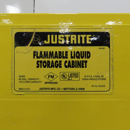 Justrite 25450 45 Gallon Cap Flammable Liquid Storage Cabinet Yellow (No Shelfs)