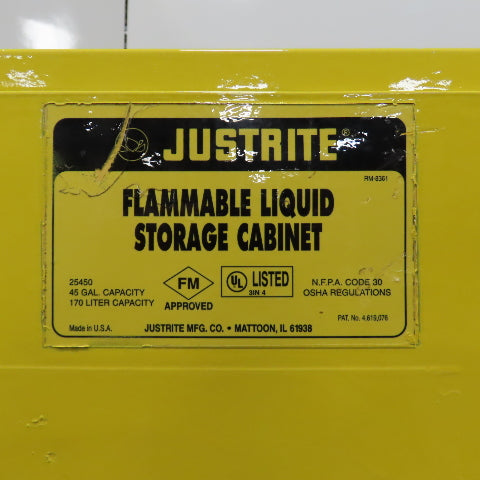 Justrite 25450 45 Gallon Cap Flammable Liquid Storage Cabinet Yellow (No Shelfs)