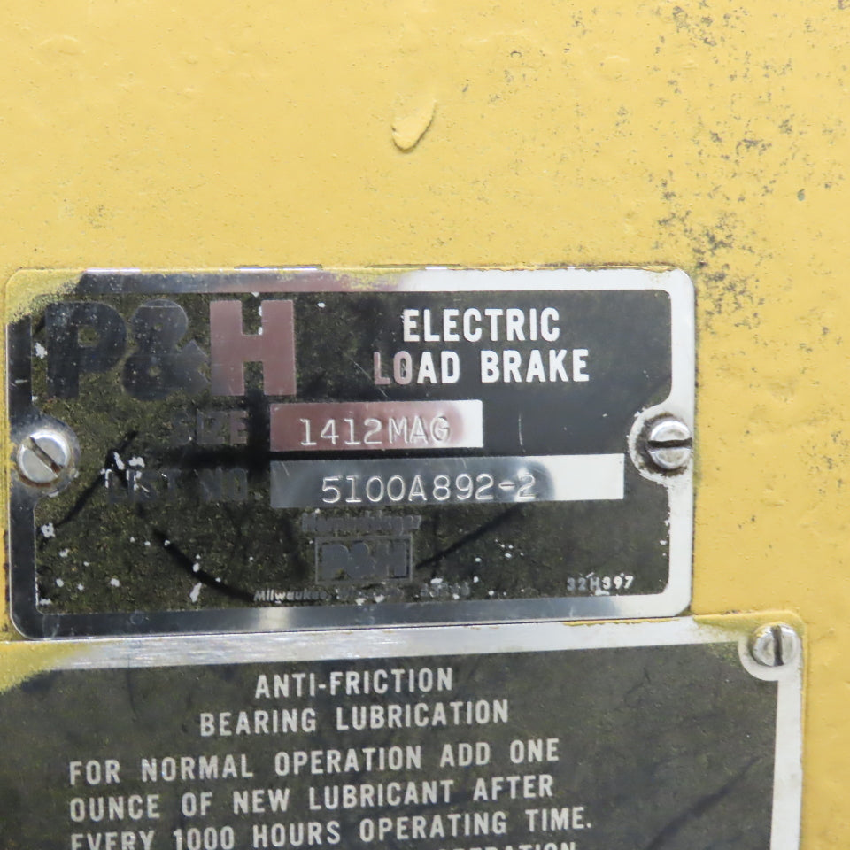 P & H 5100A892-2 Electric Load Brake Size 1412MAG 2-7/8" Straight Shaft
