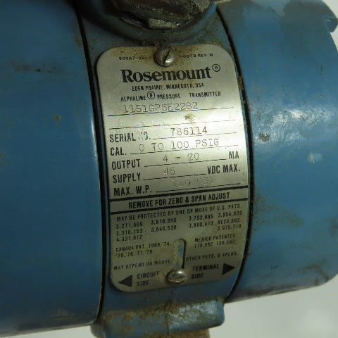 Rosemount 1151GP6E22B2 Pressure Transmitter 45VDC 100PSIG 4-20mA