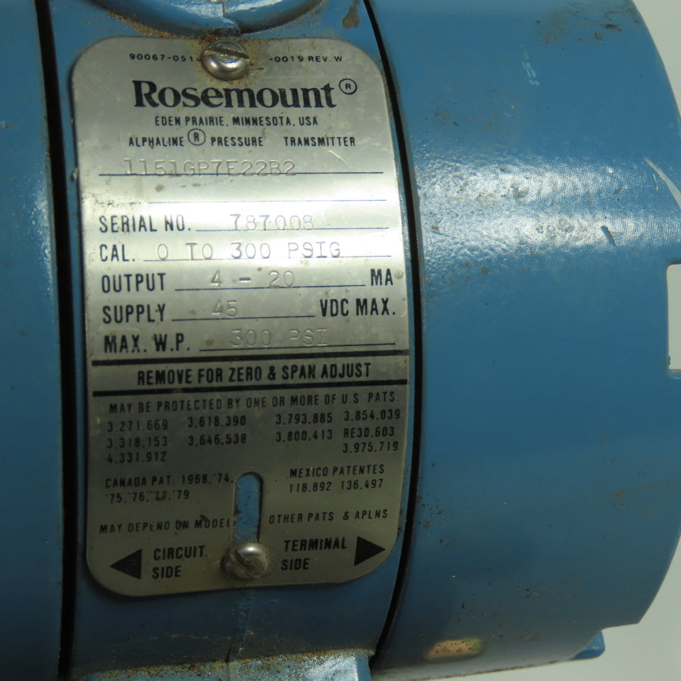 Rosemount 1151GP7E22B2 Pressure Transmitter 45VDC 300PSI 4-20mA