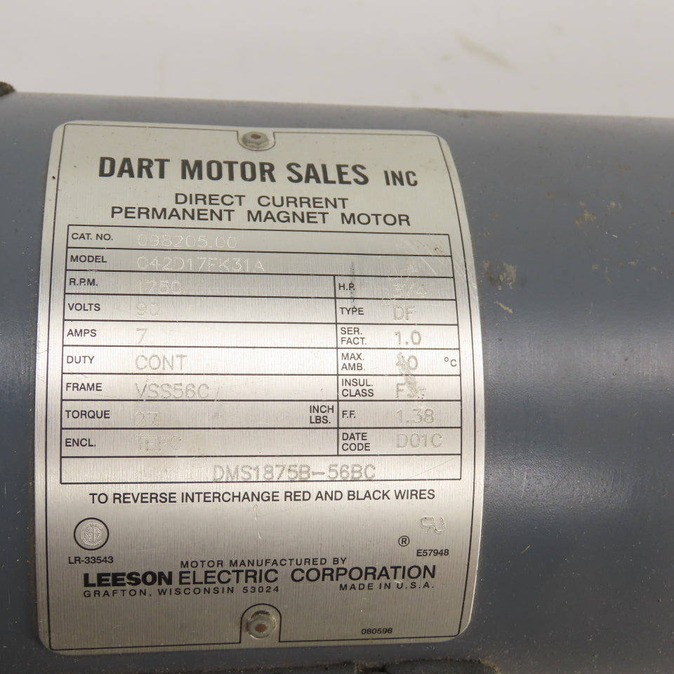 Baldor GF5026AG 50:1 Ratio Left Hand Gear Reducer & Motor 35RPM 90VDC 3/4HP