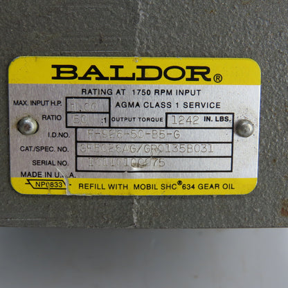 Baldor GF5026AG 50:1 Ratio Left Hand Gear Reducer & Motor 35RPM 90VDC 3/4HP
