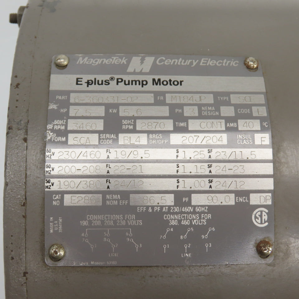 Magnetek E2860 7.5HP AC Electric Pump Motor 3460RPM 230/460V 3PH M184JP Frame