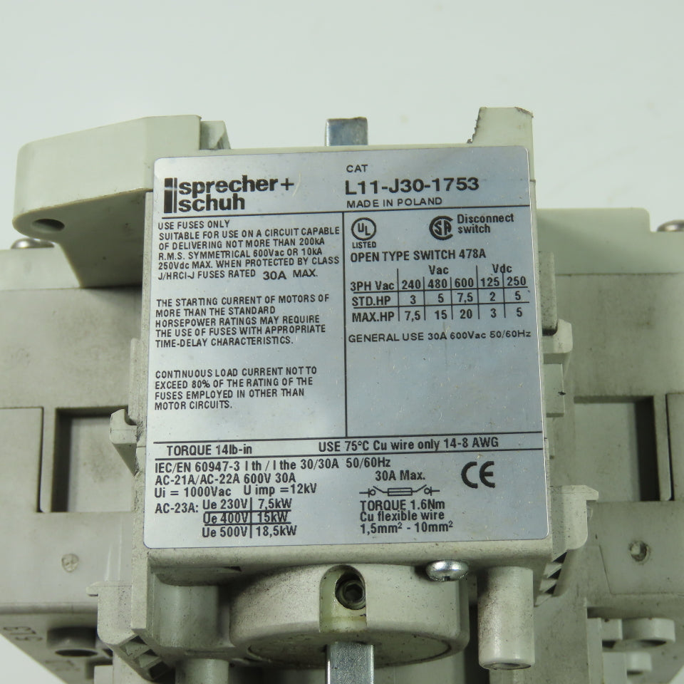 Sprecher + Schuh L11-J30-1753 30A Disconnect Switch 600V