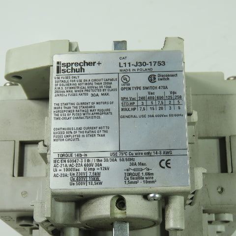 Sprecher + Schuh L11-J30-1753 30A Disconnect Switch 600V