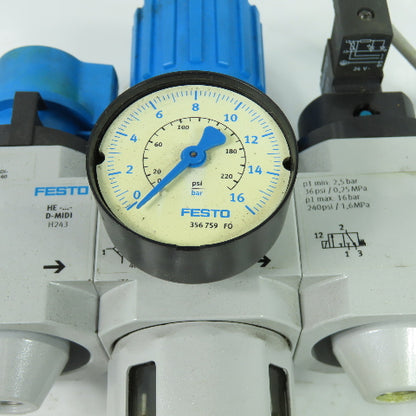 Festo LFR-D-MIDI-A Pneumatic Filter Regulator Assy 1/2" NPT 24V Coil