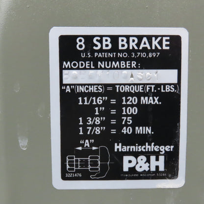 Harnischfeher P & H 8SBEM100ASC1 8 SB Electric DC Brake Tested Good @48VDC