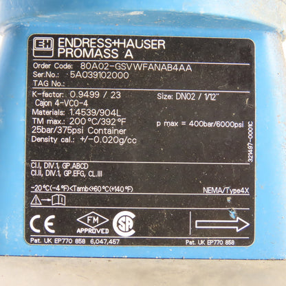 Endress+Hauser 80A02-GSVWFANAB4AA Promass 80A Coriolis Mass Flow Meter 85-260V