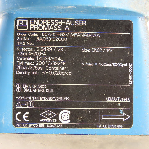 Endress+Hauser 80A02-GSVWFANAB4AA Promass 80A Coriolis Mass Flow Meter 85-260V