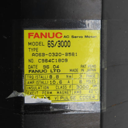 Fanuc A06B-0320-B581 AC Servo Motor 8.8Nm Torque 155V 3PH 3000RPM W/ Encoder