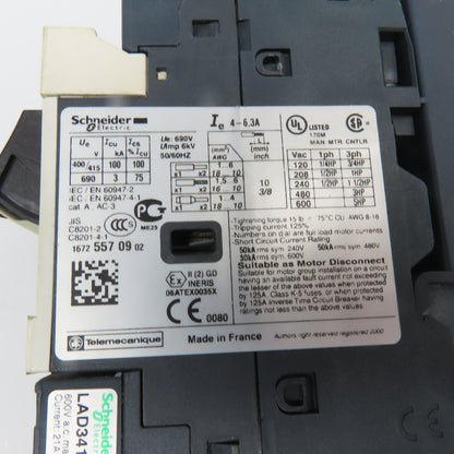 Schneider GV2ME1 600V 5Hp Manual Motor Starter W/ Aux. Contactor 24V Coil