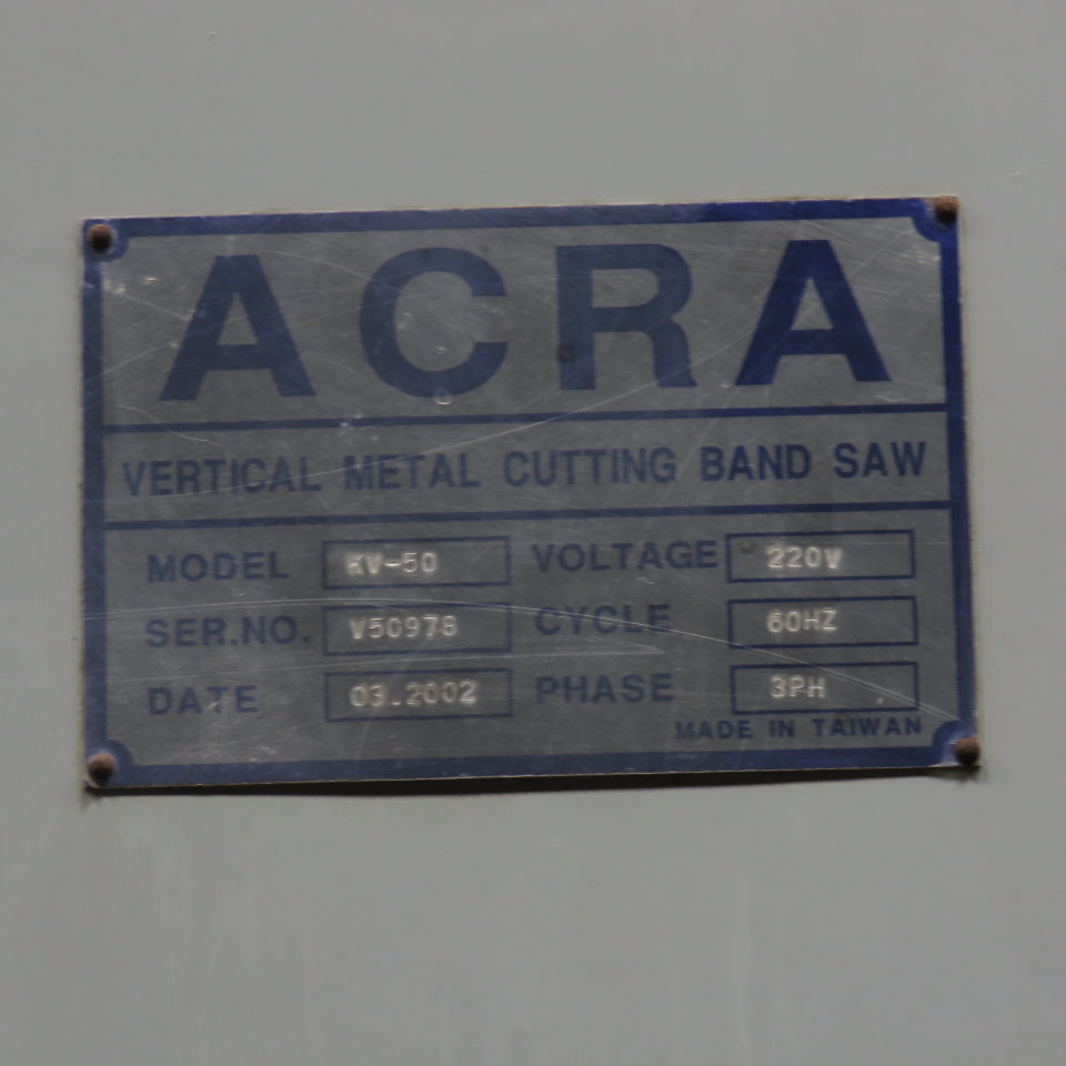 Acra KV-50 20" Throat Vertical Bandsaw 3Ph 220V 11-1/2" Cutting Height