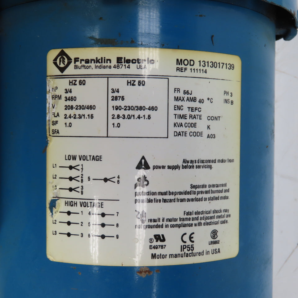 Franklin 1313017139 3/4HP Close Coupled Centrifugal Pump 230/460V 3PH 3450RPM