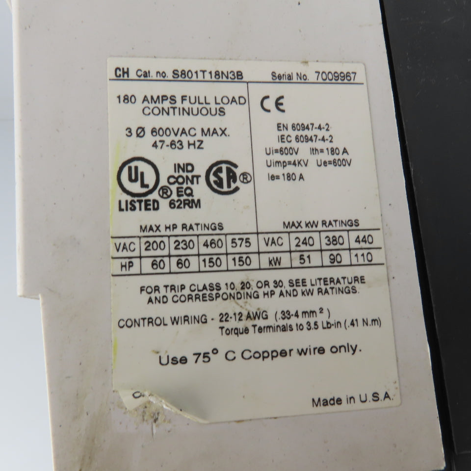 Cutler Hammer S801T18N3B 180A 600V 150Hp 3Ph Max Soft Starter 24V Control