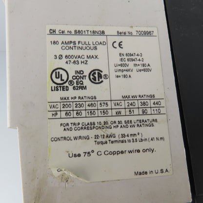 Cutler Hammer S801T18N3B 180A 600V 150Hp 3Ph Max Soft Starter 24V Control