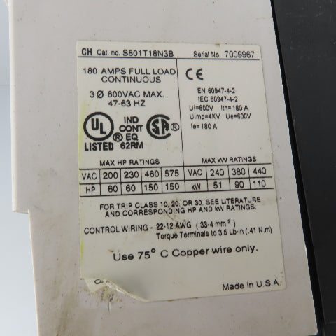 Cutler Hammer S801T18N3B 180A 600V 150Hp 3Ph Max Soft Starter 24V Control