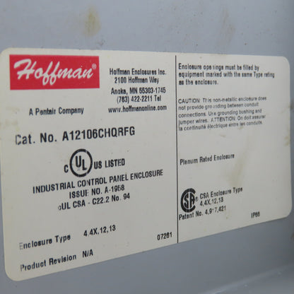 Hoffman A12106CHQRFG 12" x 10" x 6" Plastic Electrical Enclosure W/ Backplate
