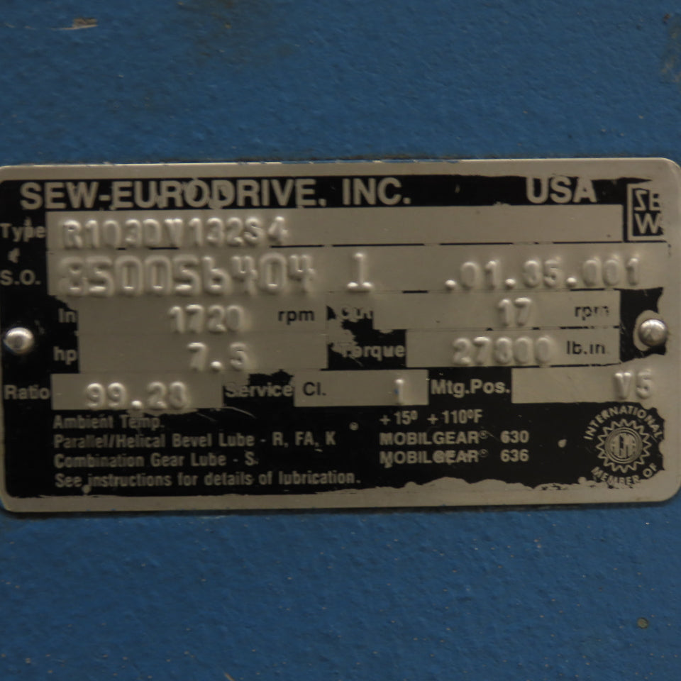 Sew Eurodrive R1030V132S4 99.28 Ratio Gear Reduce 27,800 Lb.In.Torque 850056404
