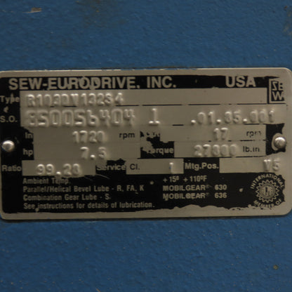 Sew Eurodrive R1030V132S4 99.28 Ratio Gear Reduce 27,800 Lb.In.Torque 850056404