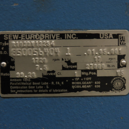 Sew Eurodrive R1030V132S4 99.28 Ratio Gear Reduce 27,800 Lb.In.Torque 850056404