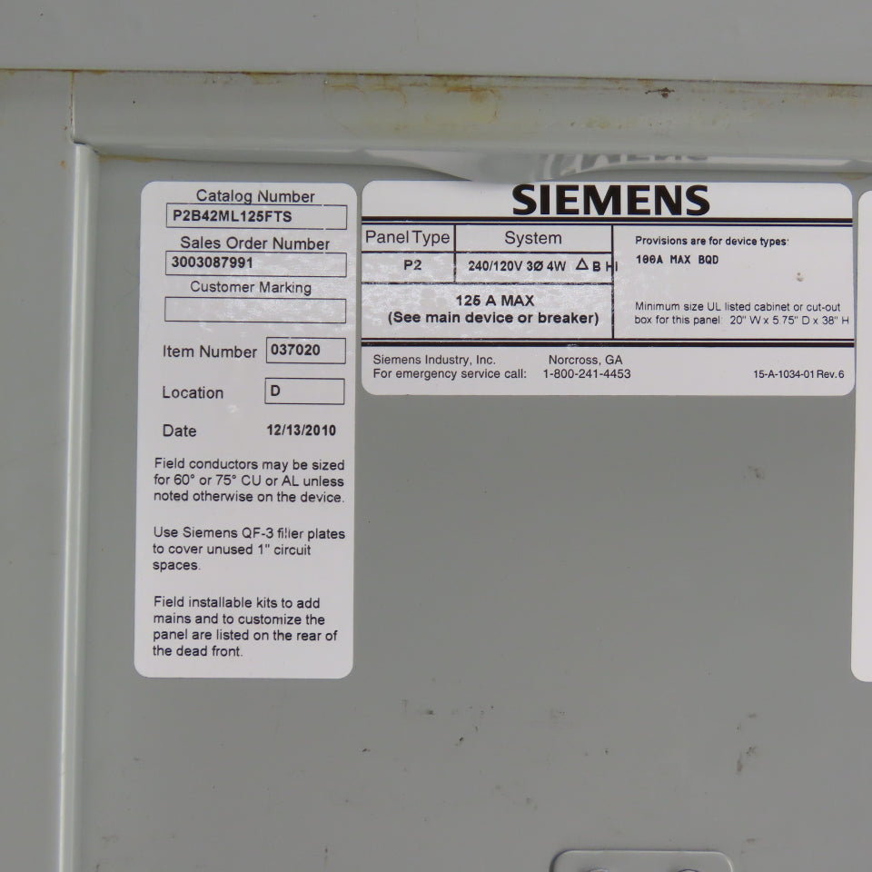 Siemens P2B42ML125FTS 125A 42 Space Panelboard Load Center 240/120V 3PH 4-Wire