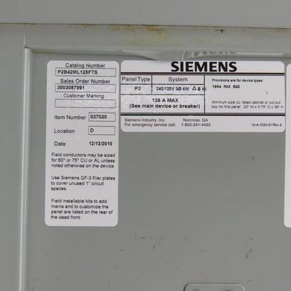 Siemens P2B42ML125FTS 125A 42 Space Panelboard Load Center 240/120V 3PH 4-Wire