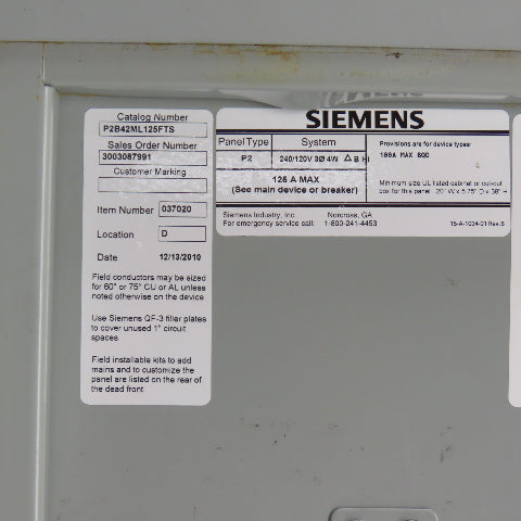 Siemens P2B42ML125FTS 125A 42 Space Panelboard Load Center 240/120V 3PH 4-Wire