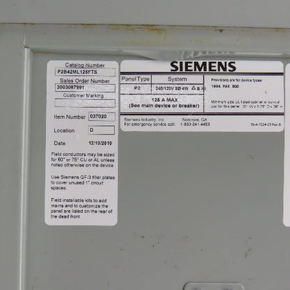 Siemens P2B42ML125FTS 125A 42 Space Panelboard Load Center 240/120V 3PH 4-Wire