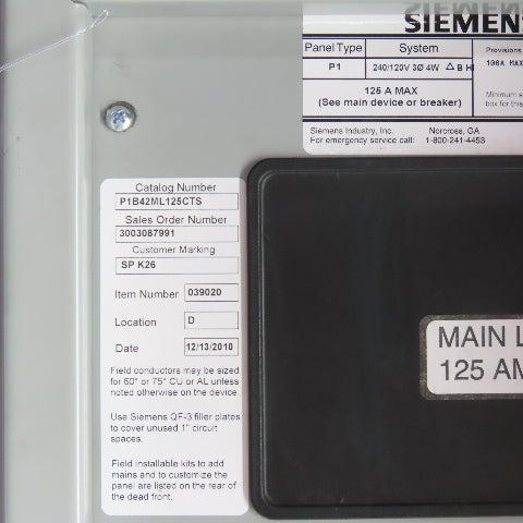 Siemens P1B42ML125CTS 125A 42 Space Panelboard Load Center 240/120V 3PH 4-Wire