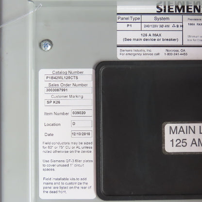 Siemens P1B42ML125CTS 125A 42 Space Panelboard Load Center 240/120V 3PH 4-Wire