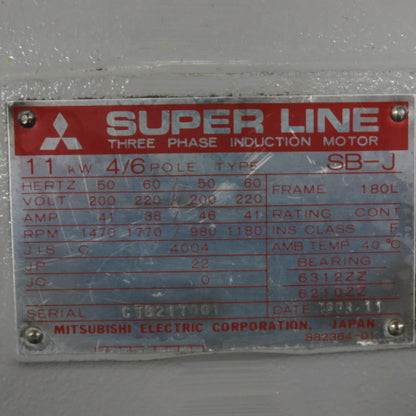 Mitsubishi SB-J 11KW AC Induction Motor 1770RPM 220V 3PH 180L Frame 50/60HZ