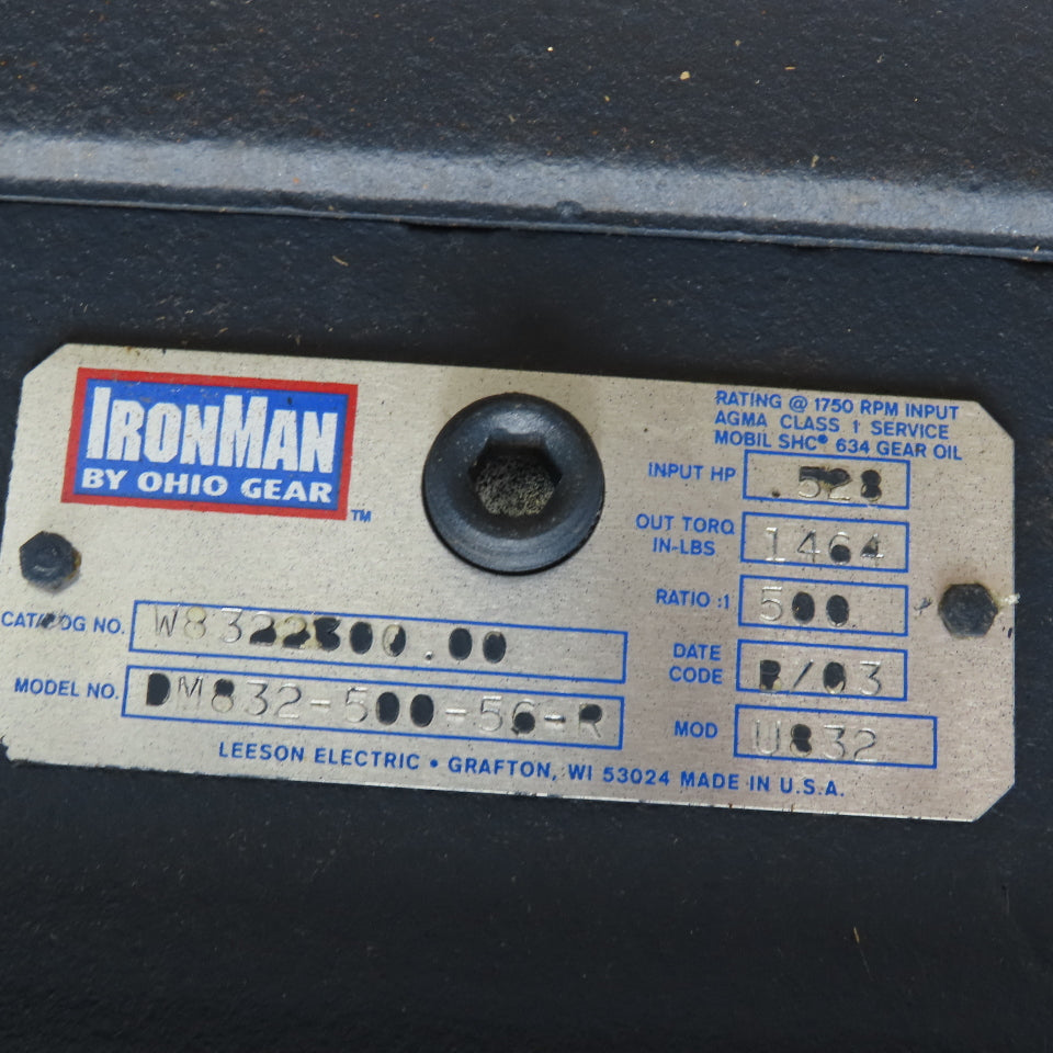 Ohio Gear DM832-500-56-R 500:1 Ratio Right Angle Gear Reducer .5Hp 1464Ft/Lbs.