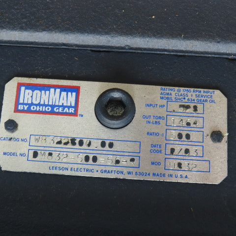 Ohio Gear DM832-500-56-R 500:1 Ratio Right Angle Gear Reducer .5Hp 1464Ft/Lbs.