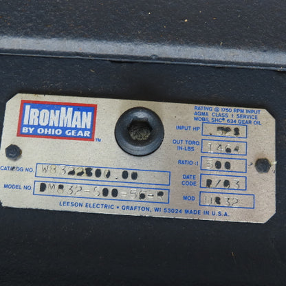 Ohio Gear DM832-500-56-R 500:1 Ratio Right Angle Gear Reducer .5Hp 1464Ft/Lbs.