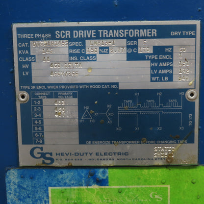 GS Hevi-Duty DT651H145S 145KVA Transformer 460 HV 460Y/266 LV 3 Phase 60Hz