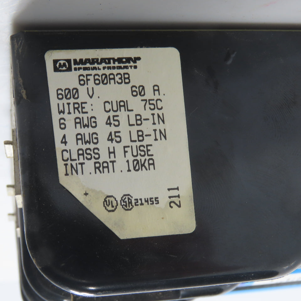 Marathon 6F60A3B 3 Pole 60A Fuse Holder 600V Class H W/ (45A Fuses)